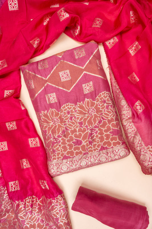 Gajari Woven Zari Cotton Unstitched Salwar Suit With Cotton Dupatta