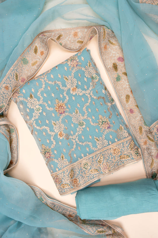 Light Firozi Sequence, Zarkan & Threadwork Chiffon Unstitched Salwar Suit With Chiffon dupatta