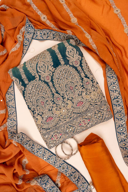Rust Sequence, Zarkan & Threadwork Chinon Unstitched Salwar Suit With Chinon dupatta