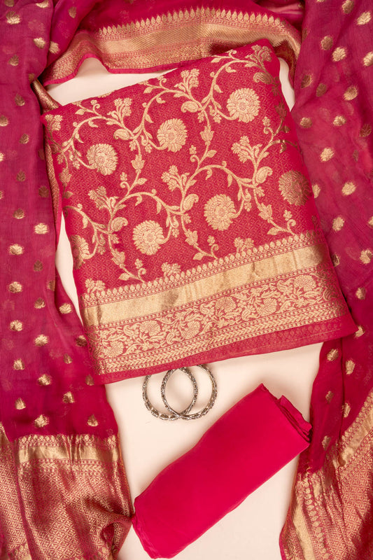Onion Banarasi Woven Zari Khaddi Georgette Unstitched Salwar Suit With Georgette Dupatta