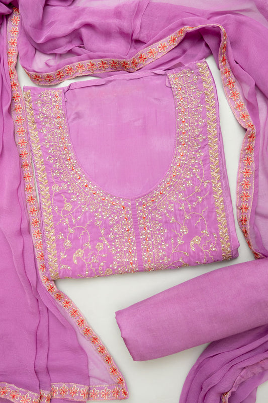 Delicate And Dreamy Mauve Crepe Unstitched Salwar Kameez With Chiffon Dupatta