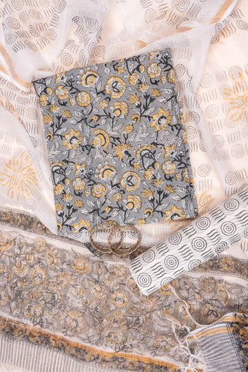 Grey Floral Printed Cotton Unstitched Salwar Suit With Cotton Dupatta