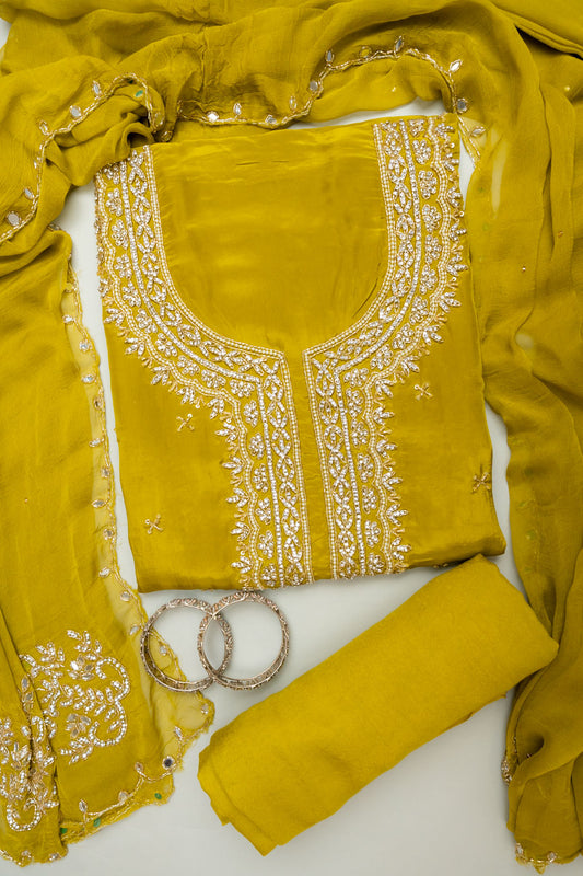 Wrapped in Elegance Pista Crepe Unstitched Salwar Kameez With Chiffon Dupatta