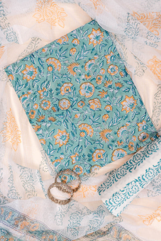 Tea-green Floral Printed Cotton Unstitched Salwar Suit With Cotton Dupatta