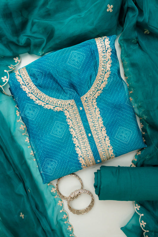 Soft Hues Rama Organza Unstitched Salwar Kameez With Organza Dupatta