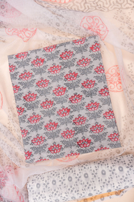 Grey Digital Printed Cotton Unstitched Salwar Suit With Cotton Dupatta
