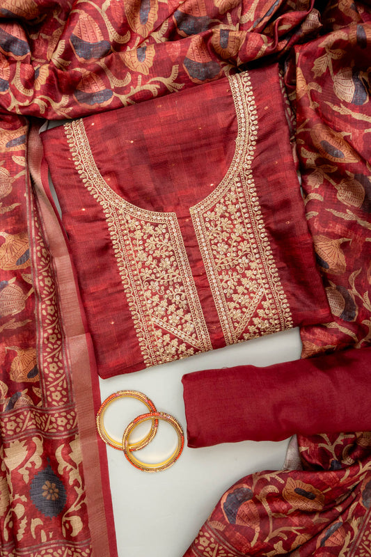 Heritage Heirloom Maroon Cotton Unstitched Salwar Kameez With Cotton Dupatta