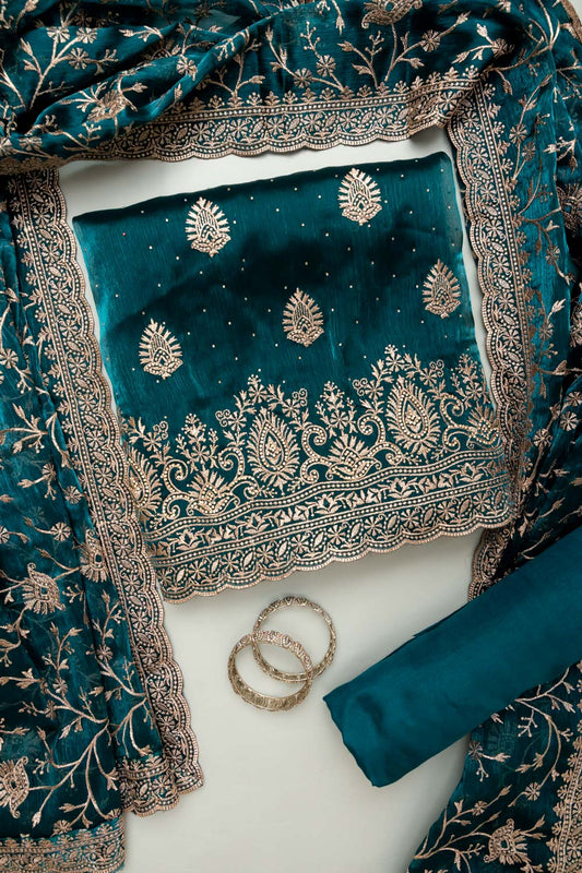 Statement Look Peacock Organza Unstitched Salwar Kameez With Organza Dupatta