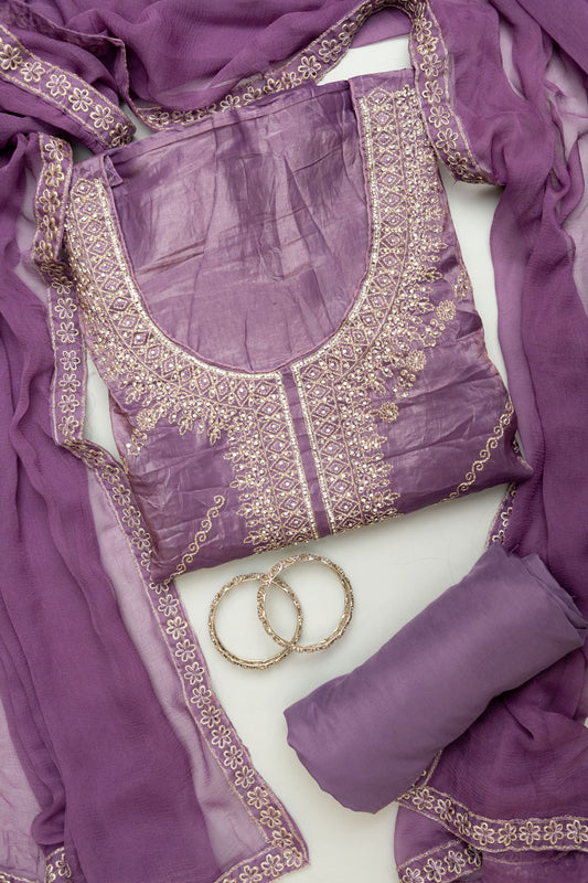 Delicate And Dreamy Mauve Crepe Unstitched Salwar Kameez With Chiffon Dupatta