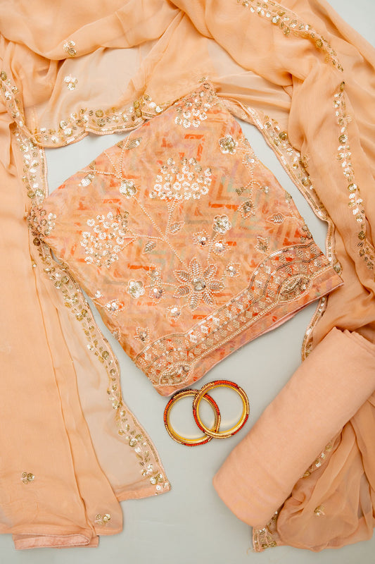 Graceful Flow Peach Georgette Unstitched Salwar Kameez With Chiffon Dupatta