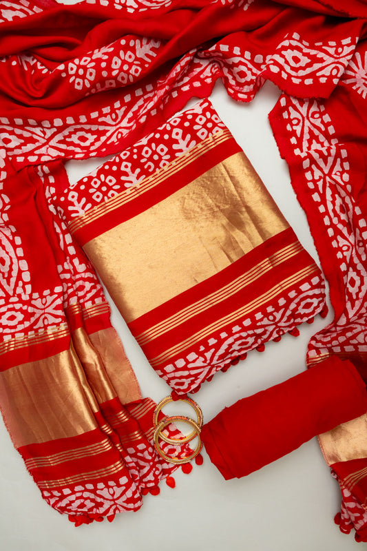 Grace Redefined Red Unstitched Dola Salwar Kameez With Dola Dupatta