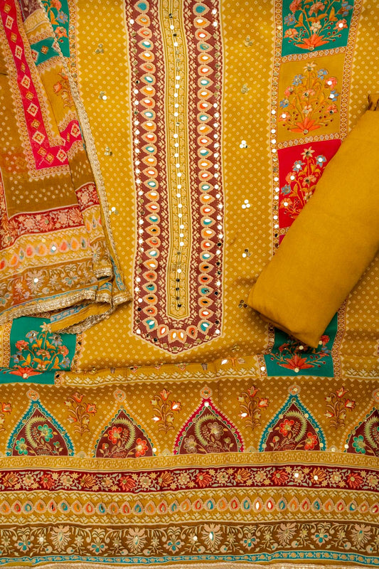 Sunshine Charm Mustard Crepe Unstitched Salwar Kameez With Chiffon Dupatta