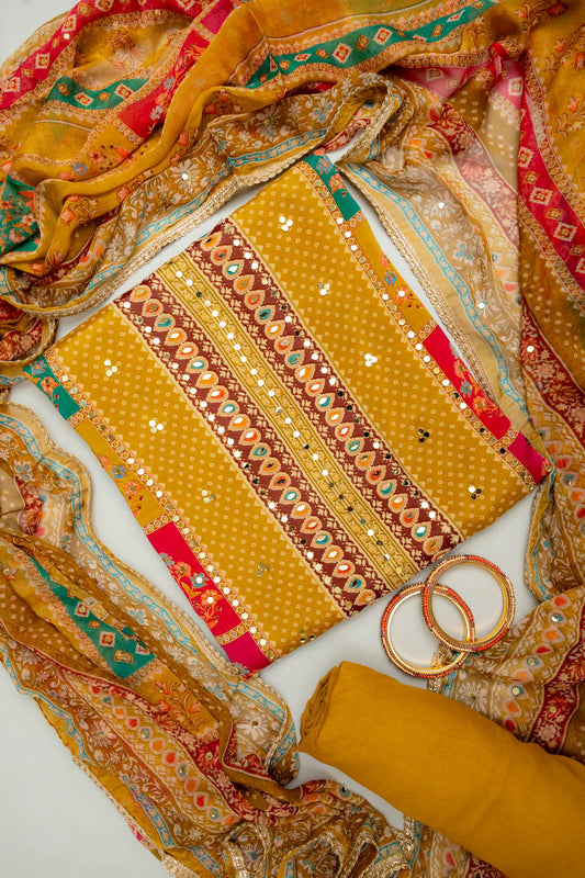 Sunshine Charm Mustard Crepe Unstitched Salwar Kameez With Chiffon Dupatta