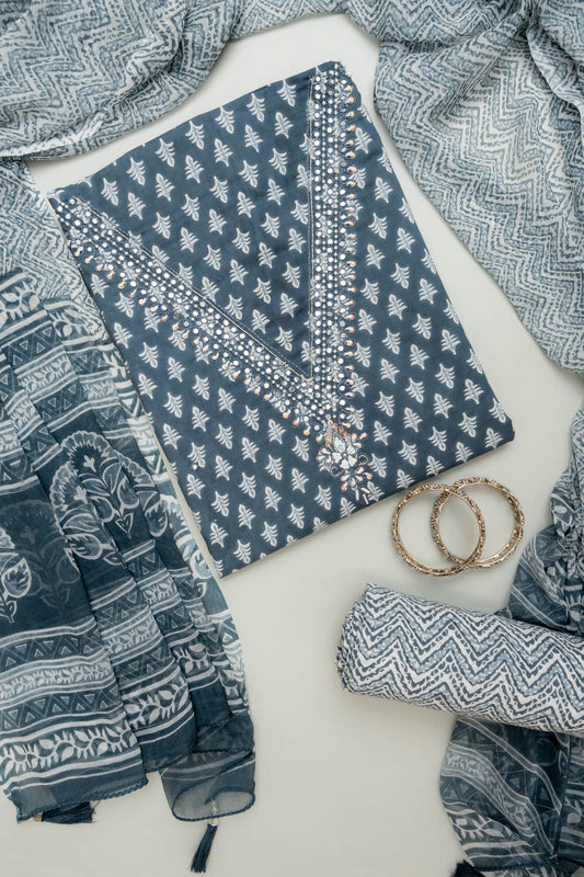 Draped In Elegance Grey Cotton Unstitched Salwar Kameez With Cotton Dupatta