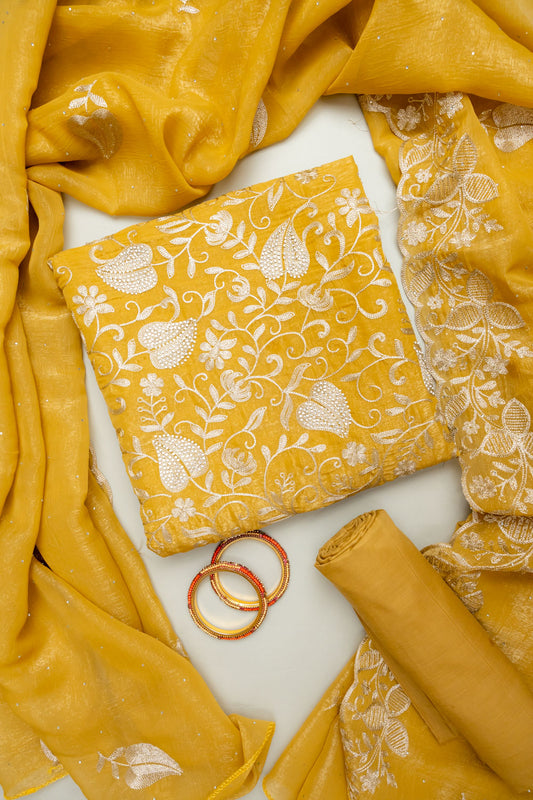Sunshine Charm Mustard Shimmer Unstitched Salwar Kameez With Shimmer Dupatta