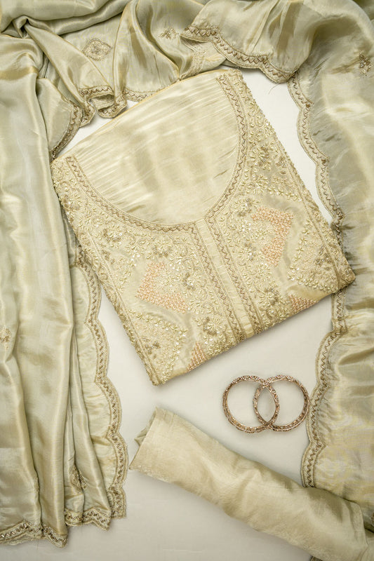 Effortlessly Elegant Olive Organza Unstitched Salwar Kameez With Organza Floral Dupatta