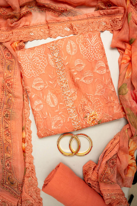 Soft As A Sunrise Coral Georgette Unstitched Suit With Chiffon Dupatta
