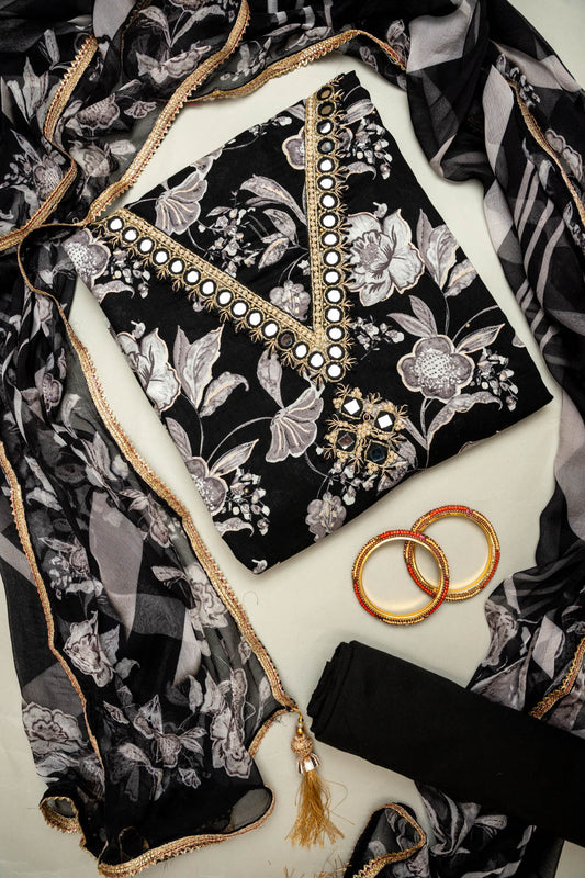 Eternal Favorite Black Cotton Unstitched Salwar Kameez With Chiffon Dupatta