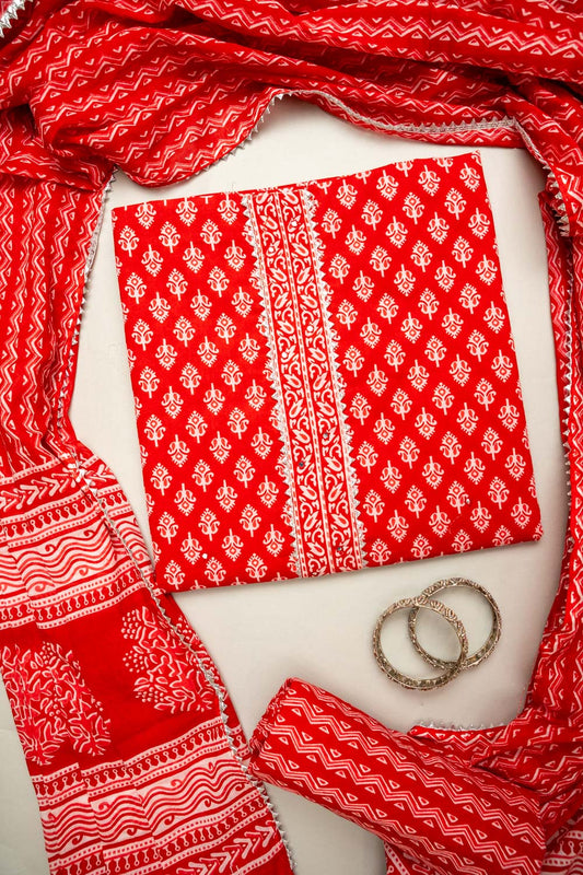 Grace Redefined Red Cotton Unstitched Salwar Kameez With Cotton Dupatta