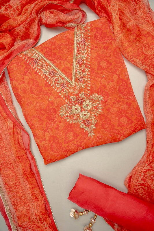 Soft As A Sunrise Coral Organza Unstitched Salwar Kameez With Chiffon Dupatta