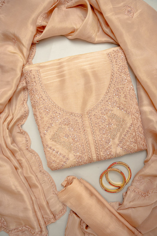 Graceful Flow Peach Organza Unstitched Salwar Kameez With Organza Floral Dupatta