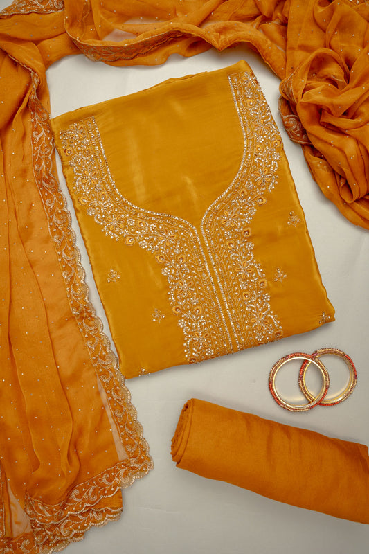 Sunshine Charm Mustard Crepe Unstitched Salwar Kameez & Chiffon Dupatta