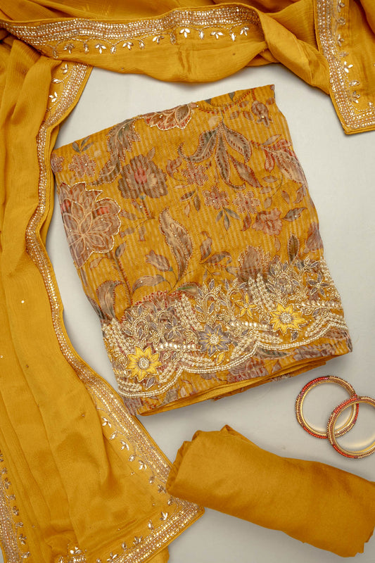 Sunshine Charm Mustard Organza Unstitched Salwar Kameez With Chinon Dupatta
