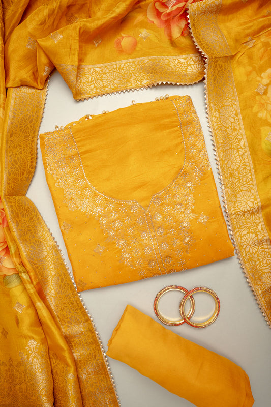 Sunshine Charm Mustard Crepe Unstitched Salwar Kameez With Crepe Dupatta