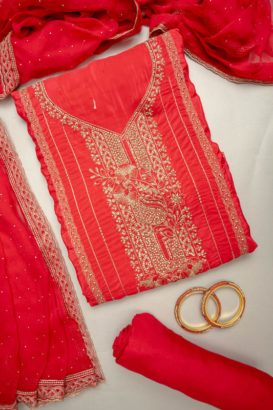 Grace Redefined Red Crepe Unstitched Salwar Kameez & Chiffon Dupatta