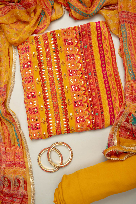 Sunshine Charm Mustard Crepe Unstitched Salwar Kameez & Chiffon Dupatta