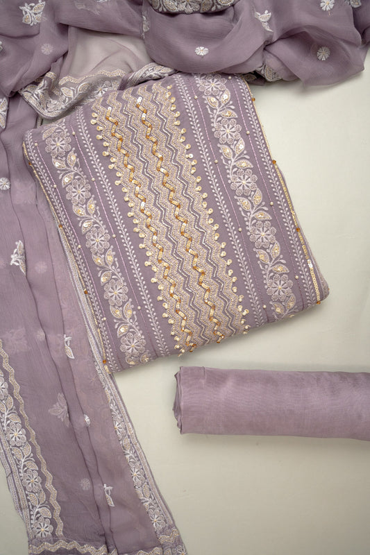 Delicate And Dreamy Mauve Georgette Unstitched Salwar Kameez With Chiffon Dupatta
