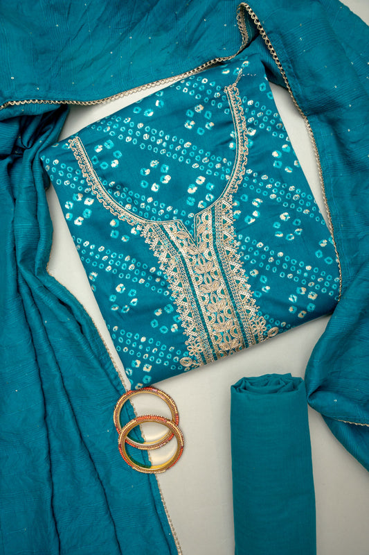 Dive Into Elegance Firozi Cotton Unstitched Salwar Kameez With Cotton Dupatta