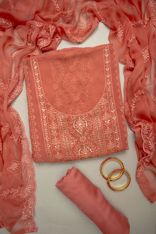 Glow Different In Gajari Georgette Unstitched Salwar Kameez With Chiffon Dupatta