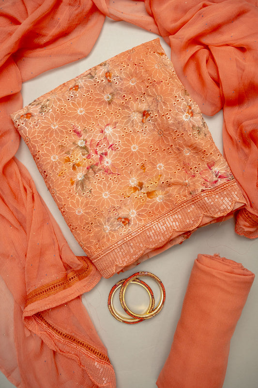 Graceful Flow Peach Georgette Unstitched Salwar Kameez With Chiffon Dupatta