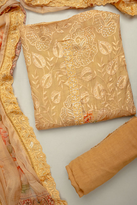 Timeless Beauty Tussar Georgette Unstitched Suit With Chiffon Dupatta