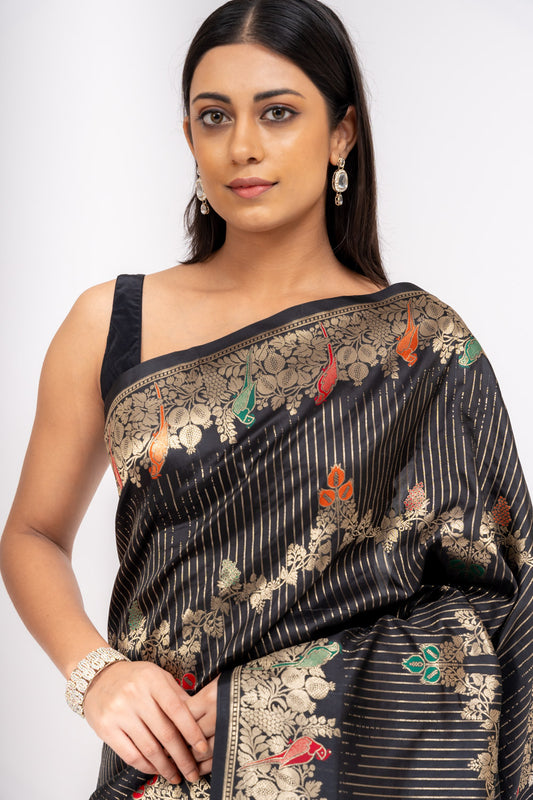 Bold Statement Black Banarasi Silk Saree With Unstitched Blouse