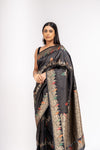 Bold Statement Black Banarasi Silk Saree With Unstitched Blouse