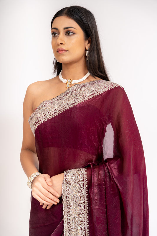 Regal And Radiant Garnet Simmer Saree With Unstitched Blouse