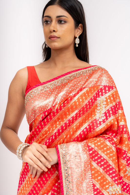 Soft As A Sunrise Coral Banarasi Silk Saree With Unstitched Blouse