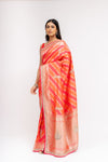 Soft As A Sunrise Coral Banarasi Silk Saree With Unstitched Blouse