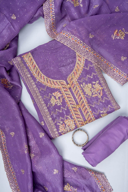 Mauve Sequence, Swarovski, Zarkan & Zari Threadwork Georgette Unstitched Salwar Suit With Georgette Dupatta