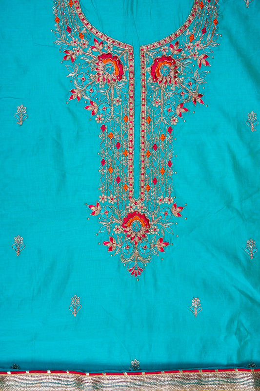 Tea-green Bead, Cutdana, Dabka, Sequence, Zarkan & Threadwork Cotton Unstitched Salwar Suit With Cotton Dupatta