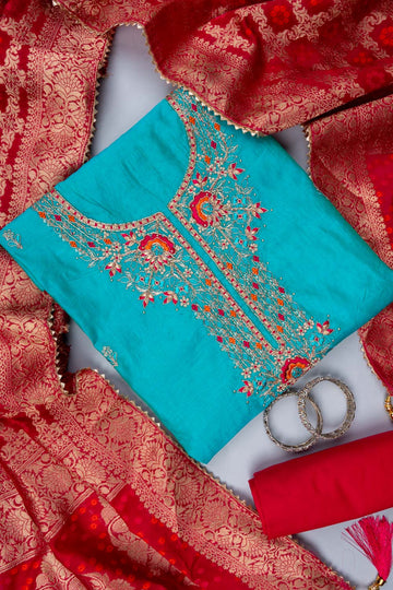 Tea-green Bead, Cutdana, Dabka, Sequence, Zarkan & Threadwork Cotton Unstitched Salwar Suit With Cotton Dupatta