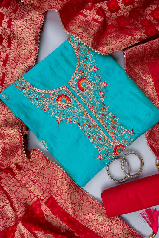 Tea-green Bead, Cutdana, Dabka, Sequence, Zarkan & Threadwork Cotton Unstitched Salwar Suit With Cotton Dupatta