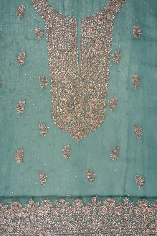 Mint Green Swarovski, Zarkan & Zari Threadwork Shimmer Unstitched Salwar Suit With Shimmer Dupatta