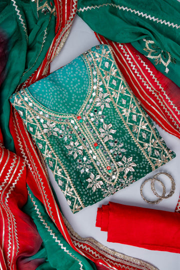 Rama Gotta Patti, Mirror, Zarkan & Bandhini Printed Organza Unstitched Salwar Suit With Crepe Dupatta