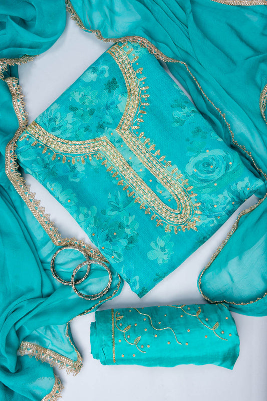 Mint Green Cutdana, Sequence & Zarkan Organza Unstitched Salwar Suit With Chiffon Dupatta