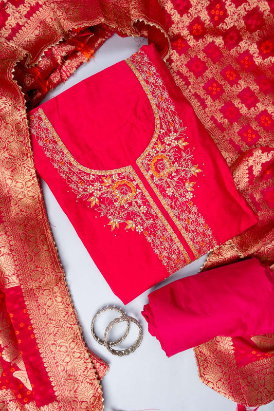 Rani Bead, Cutdana, Dabka, Sequence, Zarkan & Threadwork Cotton Unstitched Salwar Suit With Cotton Dupatta