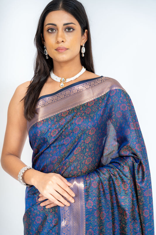 Midnight Hues Navy Banarasi Silk Saree With Unstitched Blouse