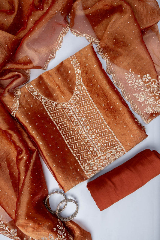 Brown Swarovski & Zarkan Tissue Unstitched Salwar Suit With Tissue Dupatta